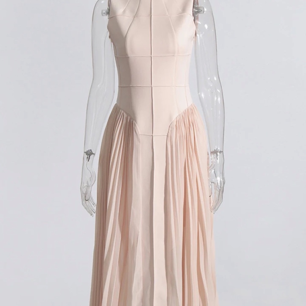 Elegant designer nude mock neck bodysuit pleated skirt blush dress small - Picture 9 of 13